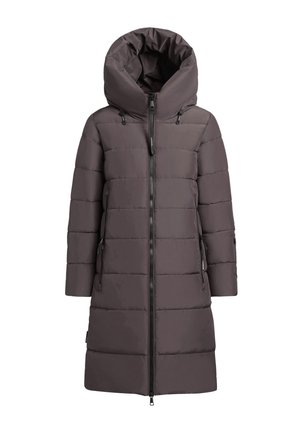 Padded coat in dark gray with a large, removable hood, vertical seams, front zipper, and two zippered pockets on sides.