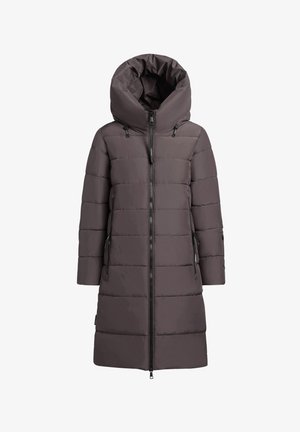 Padded coat in dark gray with a large, removable hood, vertical seams, front zipper, and two zippered pockets on sides.
