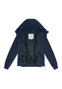 Mörkblå jacka med huva, framdragkedja och elastiska ärmslut. Insidan har ett texturerat grönt foder och varumärkesmärke.