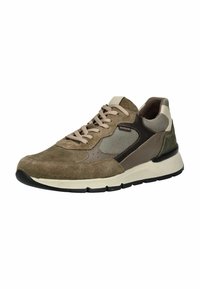 Zapatilla de ante y malla en tonos terrosos, con cordones beige, acentos texturizados y suela de goma negra. Punta redonda y cuello acolchado.