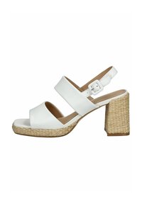Sandalo open-toe bianco in pelle, con due ampie cinghie, una fibbia sul retro e un tacco a blocco in juta intrecciata.