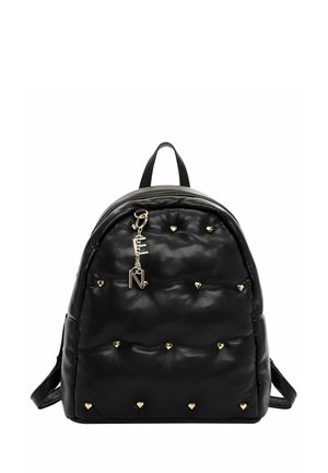 Black padded backpack made of leather-like material. Features gold heart-shaped studs and a keychain accent with a logo attachment.