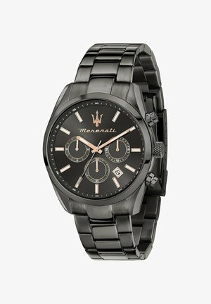 Zwarte roestvrijstalen horloge met een ronde wijzerplaat. Beschikt over rosegouden accenten, drie sub-dials en een datumschijf op 6 uur.