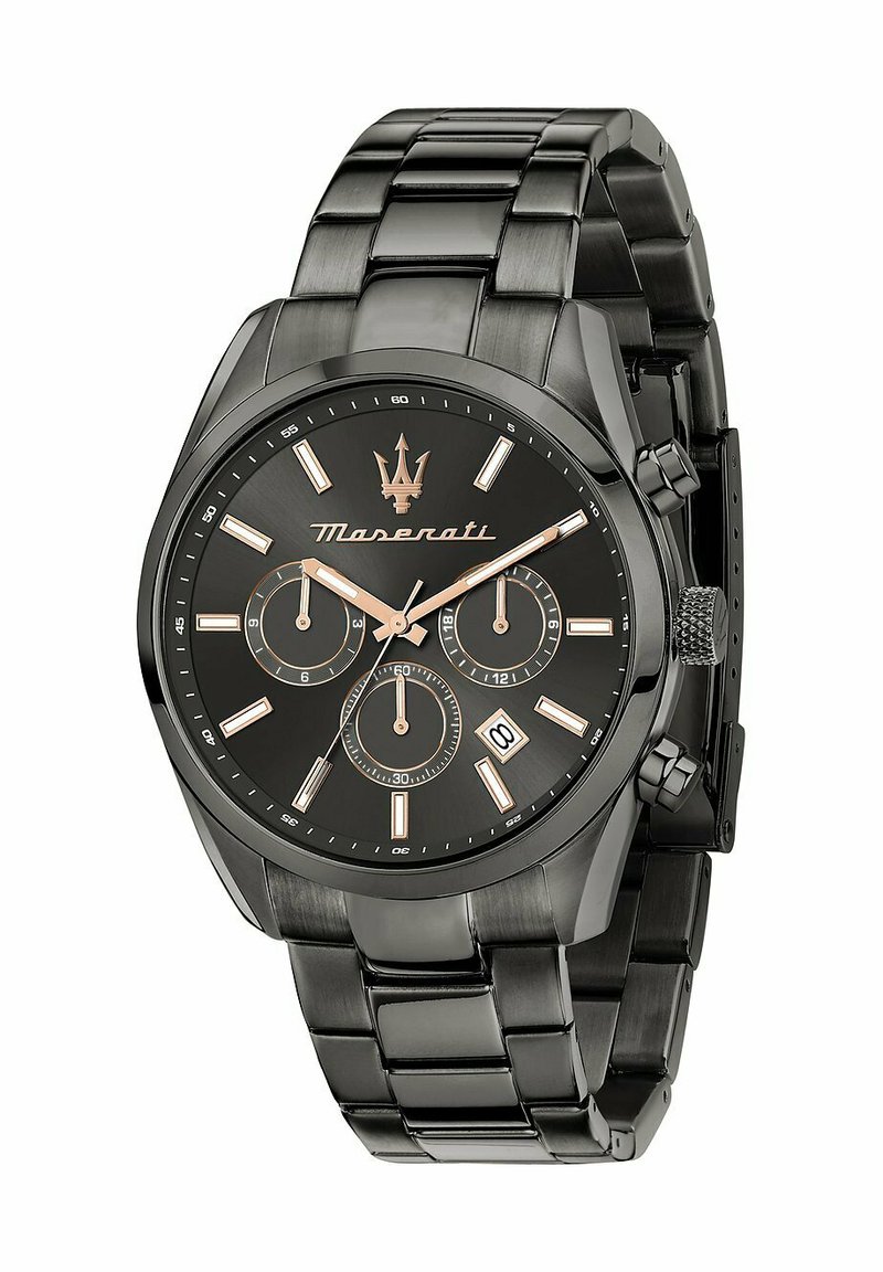 Zwarte roestvrijstalen horloge met een ronde wijzerplaat. Beschikt over rosegouden accenten, drie sub-dials en een datumschijf op 6 uur.