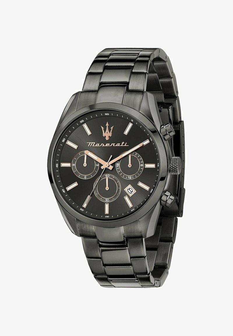 Zwarte roestvrijstalen horloge met een ronde wijzerplaat. Beschikt over rosegouden accenten, drie sub-dials en een datumschijf op 6 uur.