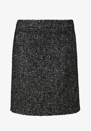 Schwarzer und weißer Tweed-Minirock mit geradem Schnitt, strukturiertem Oberflächen und dezentem gesprenkeltem Muster. Verfügt über keine sichtbaren Beschläge oder Akzente.