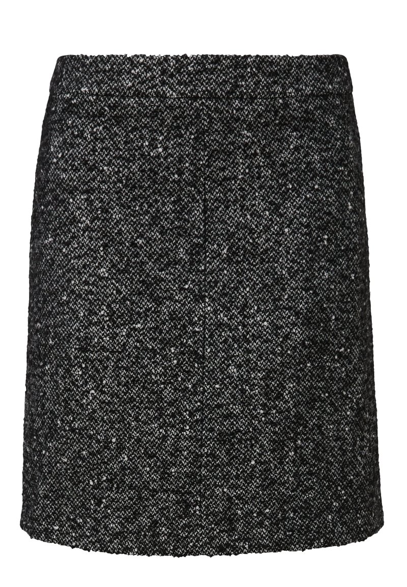 Zwart-wit tweed mini-rok met een rechte snit, textuur oppervlak en subtiel gespikkeld patroon. Bevat geen zichtbare hardware of accenten.