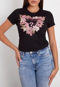 Guess STRETCH LOGO FIORI - Marškinėliai su spaudiniu - nero