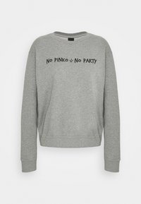 Grijze sweatshirt met lange mouwen, ronde hals en zwarte tekst "No PINKO No PARTY" gedrukt op de voorkant. Glad textuur, casual pasvorm.