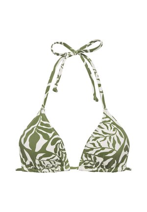 Haut de bikini triangulaire vert et blanc à motif feuilles, avec col halter et liens ajustables au niveau du cou et du dos.