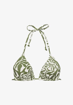 Haut de bikini triangulaire vert et blanc à motif feuilles, avec col halter et liens ajustables au niveau du cou et du dos.