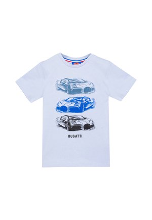 White short-sleeve T-shirt with three stylized Bugatti car sketches in shades of blue and black, and "BUGATTI" text below.