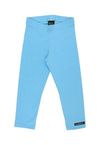 Jasnoniebieskie legginsy z bawełny o miękkiej fakturze, z elastycznym pasem i małą czarną metką z logo na dolnej części nogawki.