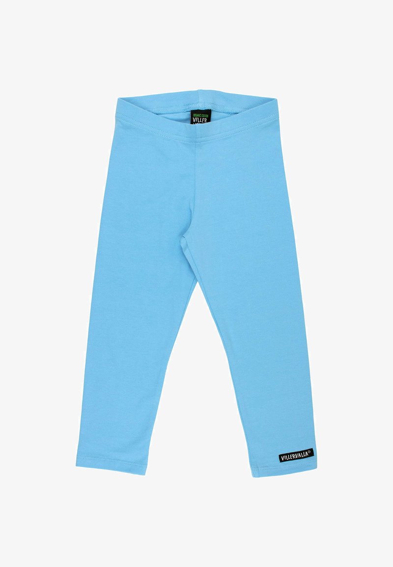 Jasnoniebieskie legginsy z bawełny o miękkiej fakturze, z elastycznym pasem i małą czarną metką z logo na dolnej części nogawki.