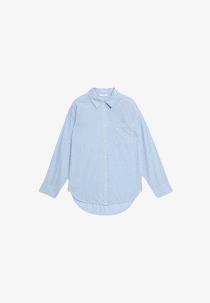Light blue striped long-sleeve shirt with a button-down collar, single chest pocket, rounded hem, and soft fabric texture.