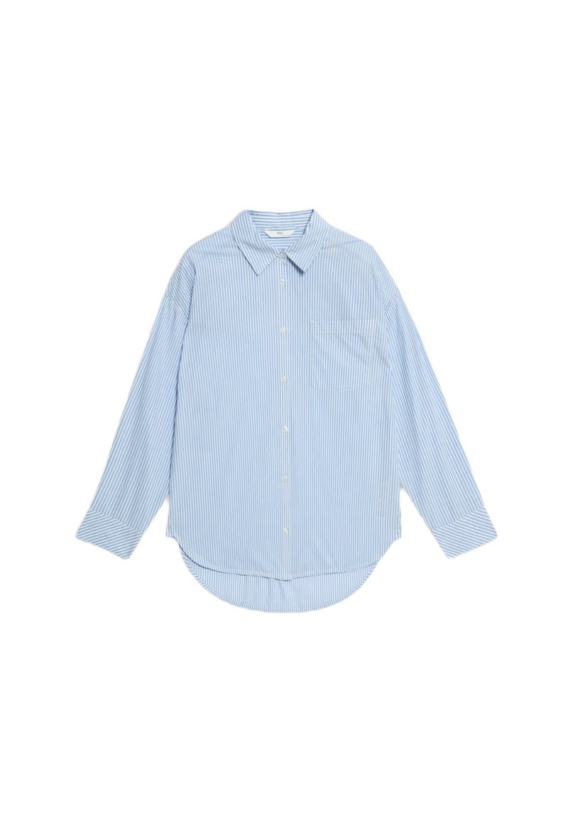 Camicia a maniche lunghe a righe blu chiaro con colletto a bottoni, tasca sul petto singola, orlo arrotondato e morbida texture del tessuto.