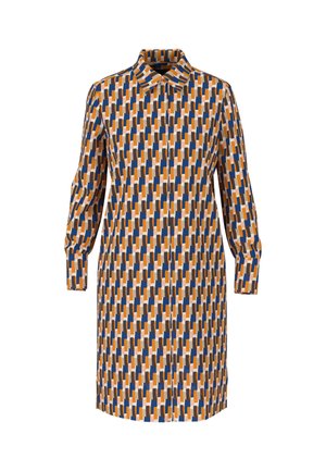 Patterned shirt dress featuring a collar, long sleeves, and a geometric design in orange, blue, brown, and cream hues.