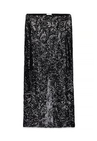 Maxi gonna nera in paillettes, con sovrapposizione trasparente e motivi intricati. Texture liscia e vita aderente per una vestibilità migliorata.