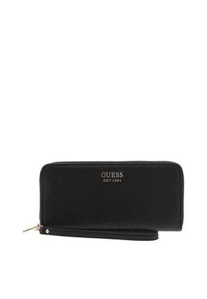 Porte-monnaie Guess en cuir noir texturé avec fermeture éclair dorée et texte logo "GUESS EST 1981" à l'avant.