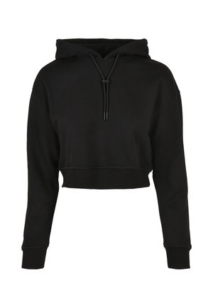 Černá zkrácená mikina s kapucí na šňůrku, dlouhými rukávy, žebrovanými manžetami a spodním lemem; měkká, hladká textura; minimalistický design.