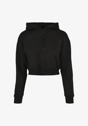 Melna apgriezta kapuce ar stiepli, garām piedurknēm, ribotām aprocēm un apakšmalu; maiga, gluda tekstūra; minimālistisks dizains.