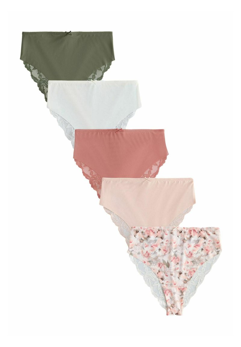 Cinci perechi de chiloți pentru femei în nuanțe de verde măsliniu, alb, roz pudrat, roz deschis și cu imprimeu floral. Margini cu dantelă, accente cu fundiță.