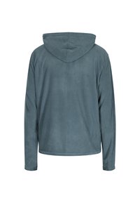 Hoodie in zachte, lichtgewicht stof, in een gedempte teal kleur, met lange mouwen en een ontspannen pasvorm. Geen zichtbare hardware of patronen.