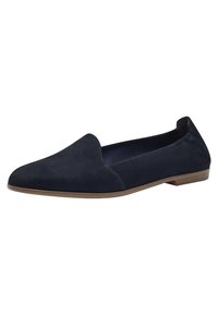 Tengerészkék velúr slip-on cipő, hegyes orral, finom varrási részletekkel és lapos barna talppal. Simább textúra, minimális díszítésekkel.