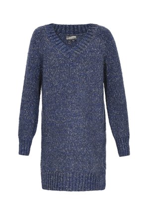 Niebieski sweter z dzianiny z dekoltem w kształcie litery V, długimi rękawami i prążkowanymi wykończeniami. Posiada teksturowany materiał z nakrapianym wzorem, co dodaje głębi.