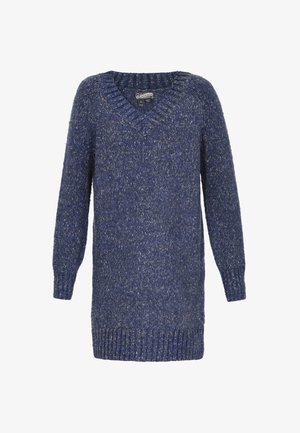 Sininen neulepusero, jossa on V-pääntie, pitkät hihat ja joustinneulosreunat. Ominaisuuksiin kuuluu teksturoitu kangas, jossa on laikkumainen kuvio, joka lisää syvyyttä.