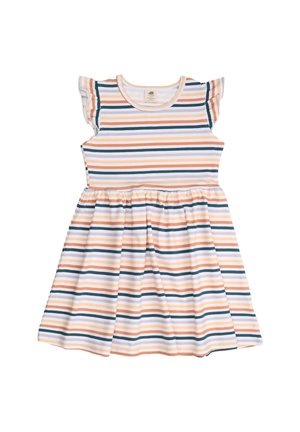 Gestre vestido mit Schmetterlingsärmeln, aus einem Baumwollmix in Pastellfarben von Orange, Blau und Weiß mit einer gerafften Taille.