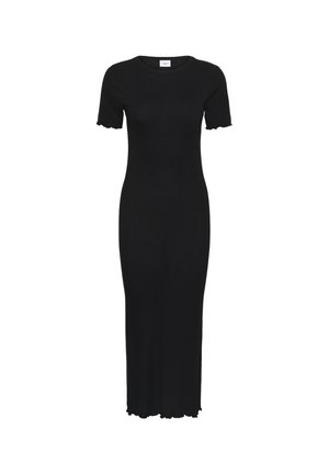 Vestido midi negro acanalado con mangas cortas, escote redondo y bordes con volantes en las mangas y el dobladillo.