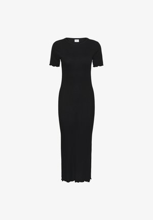 Vestido midi negro acanalado con mangas cortas, escote redondo y bordes con volantes en las mangas y el dobladillo.