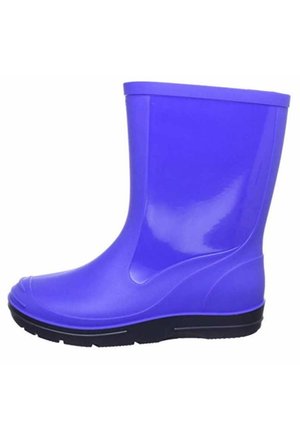 Botte de pluie en caoutchouc violet unique avec semelle noire, hauteur mi-mollet, surface lisse et bout arrondi, conçue pour la protection par temps humide.