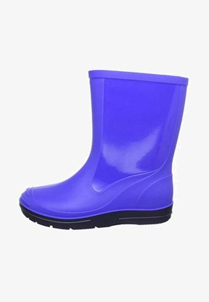 Botte de pluie en caoutchouc violet unique avec semelle noire, hauteur mi-mollet, surface lisse et bout arrondi, conçue pour la protection par temps humide.
