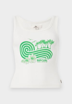 Fehér bordázott atléta zöld grafikával, mely pálmafákat, hullámokat, hibiszkuszvirágokat, madarakat és az "RIP CURL" feliratot ábrázolja az elején.