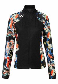 Czarna kurtka zapinana na zamek z kolorowymi rękawami w kwiatowy wzór, teksturowanym czarnym korpusem i wysokim kołnierzem. Zaprojektowana dla komfortu i stylu.