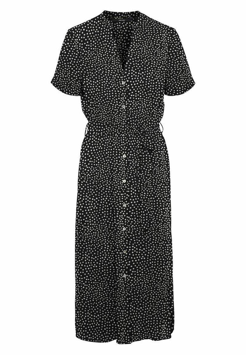 Robe midi noire à manches courtes avec pois blancs, boutonnée sur le devant, col en V et taille cintrée avec ceinture à nouer réglable.