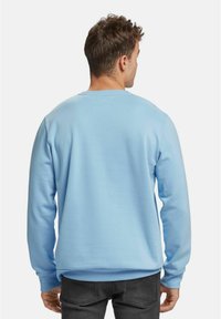 Lys blå genser med lange ermer og rund hals, laget av et mykt stoff, med ribbede mansjetter og nederkant. Enkel, ensfarget design.