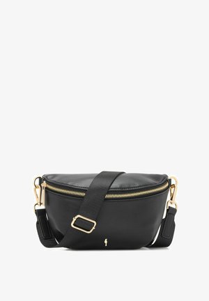 Czarna skórzana torba na ramię z złotym zamkiem błyskawicznym i okuciami, regulowany czarny pasek z tkaniny oraz małe złote logo marki z przodu.