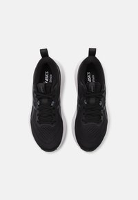 Black athletic shoes with a mesh upper, round toe, and white sole. Features include flat laces and a pull tab at the heel.