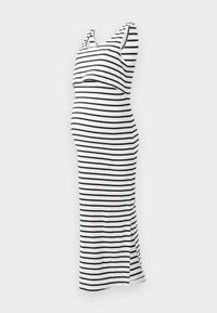 Striped maternity dress in black and white, sleeveless design with a fitted silhouette and side slit, made of ribbed fabric.
