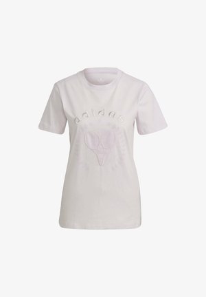 Wit T-shirt met korte mouwen en ronde hals, met geborduurde "adidas" tekst en twee tennisrackets aan de voorkant.