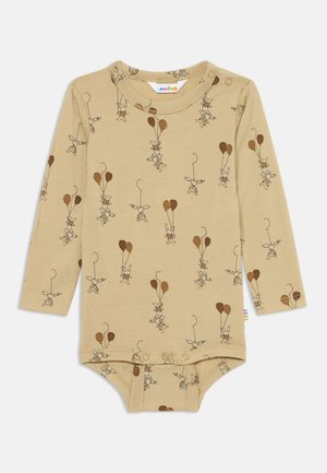 Beige Langarm-Body mit einem Muster von Comic-Kaninchen, die Ballons halten. Verfügt über Druckknopfverschlüsse an der Schulter und am Boden. Aus Baumwollmaterial.