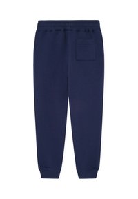 Pantalones de chándal azul marino con una cinturilla acanalada, piernas ajustadas y un bolsillo trasero. Hechos de una tela suave y texturizada.