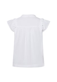 Blouse blanche à manches courtes avec des accents en volants, un col arrondi et un dos froncé, offrant une coupe ample. Tissu doux et léger.