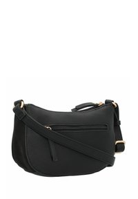 Borsa a tracolla nera in pelle con una texture liscia, dotata di una tasca con zip frontale, tracolla regolabile e dettagli in metallo color oro.