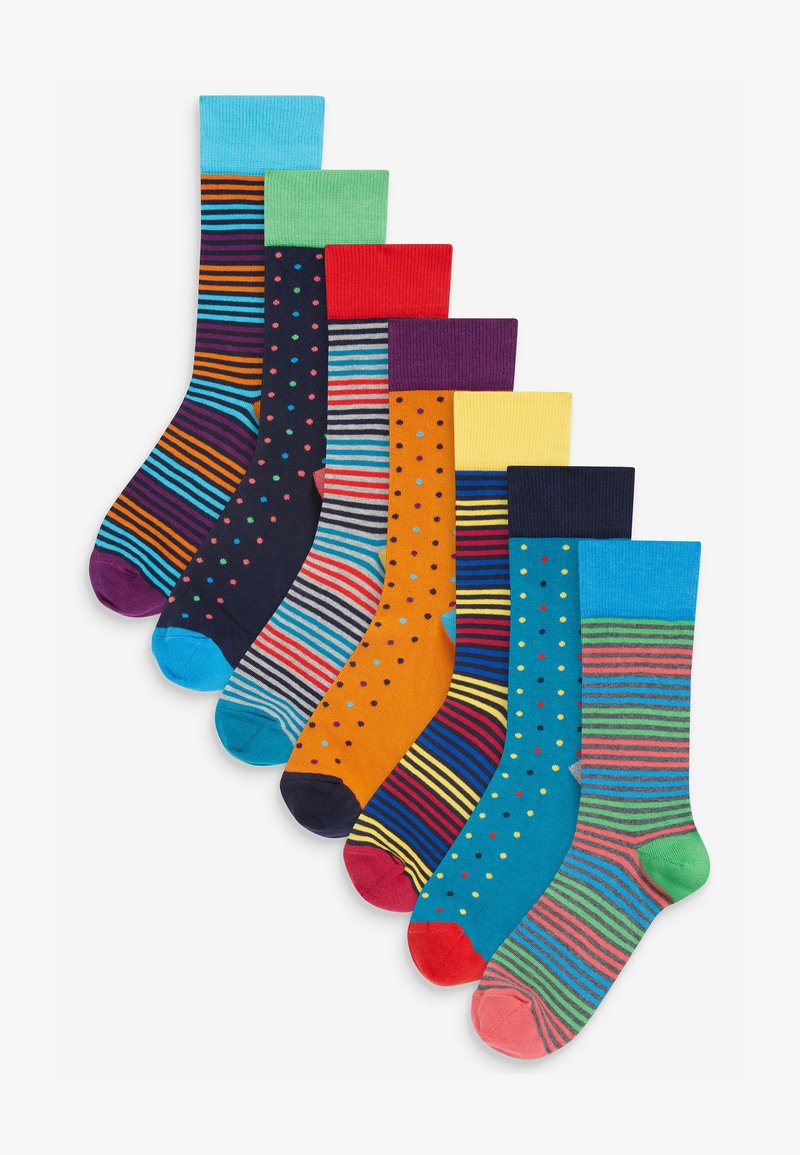 Gemischte Baumwollsocken mit Streifen und Punkten in lebhaften Farben wie Blau, Grün, Rot, Orange und Marineblau. Mit strukturierten Oberteilen und Bündchen.