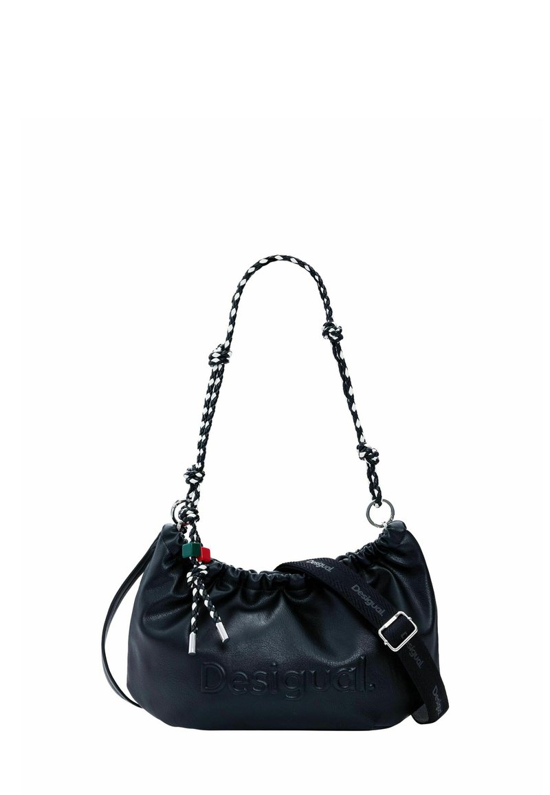 Mustmust mustraha, millel on tõmbluku sulgemine, must-valge punutud rihm ja dekoratiivsed kaunistused. Ees on reljeefne logo.