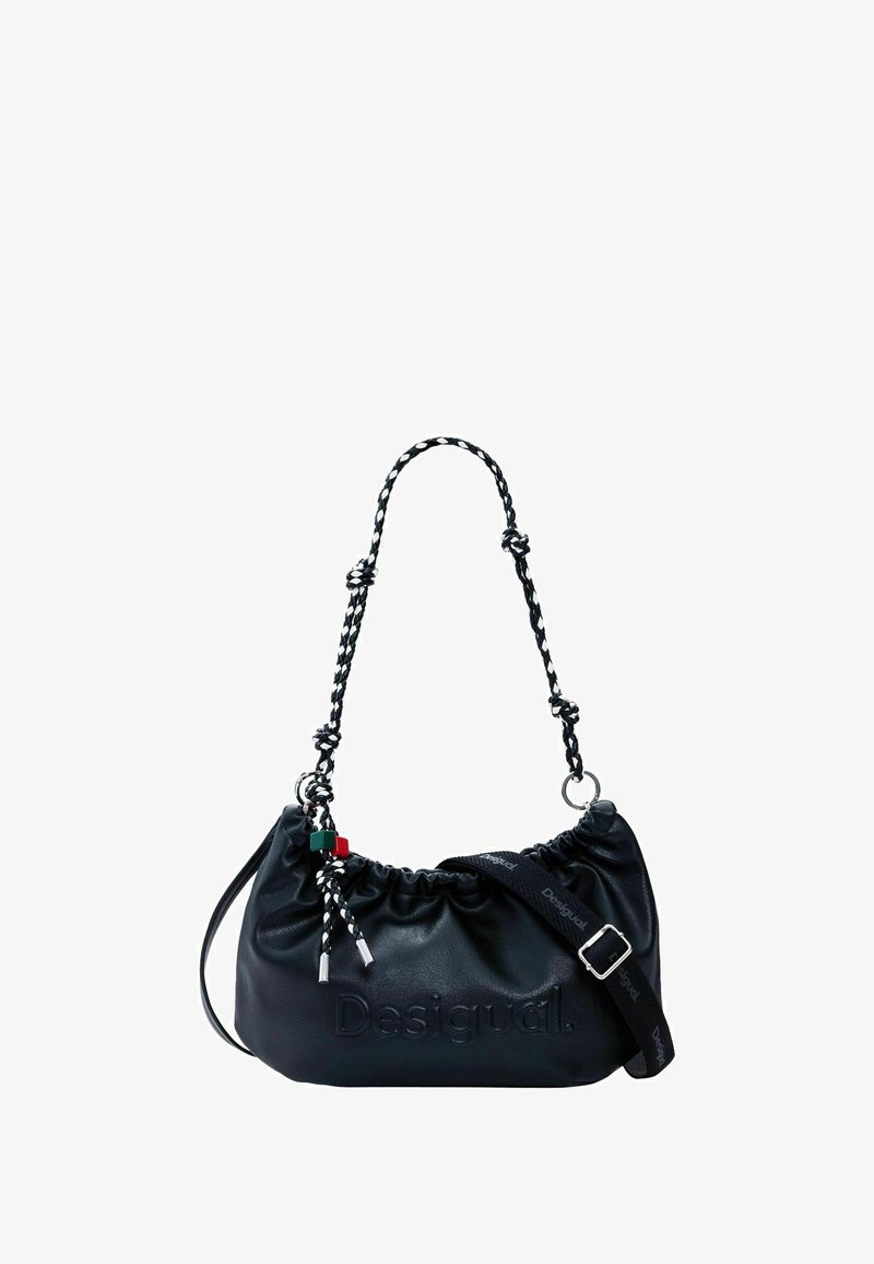 Mustmust mustraha, millel on tõmbluku sulgemine, must-valge punutud rihm ja dekoratiivsed kaunistused. Ees on reljeefne logo.